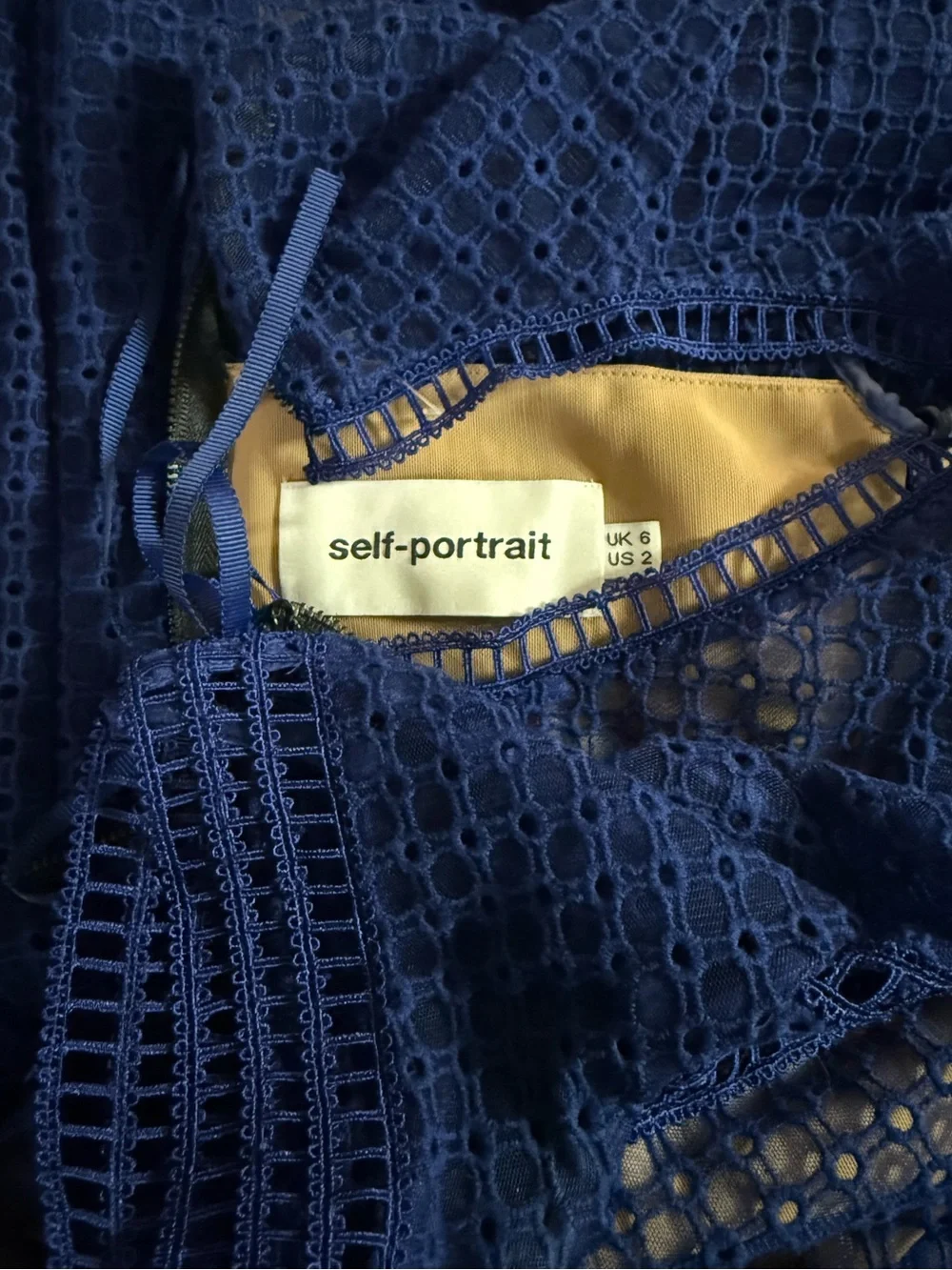 SELF-PORTRAIT Aurelia Navy Rayon Lace Panelled Fit & Flare Cap-Sleeves NWOT $795 - Picture 5 of 7